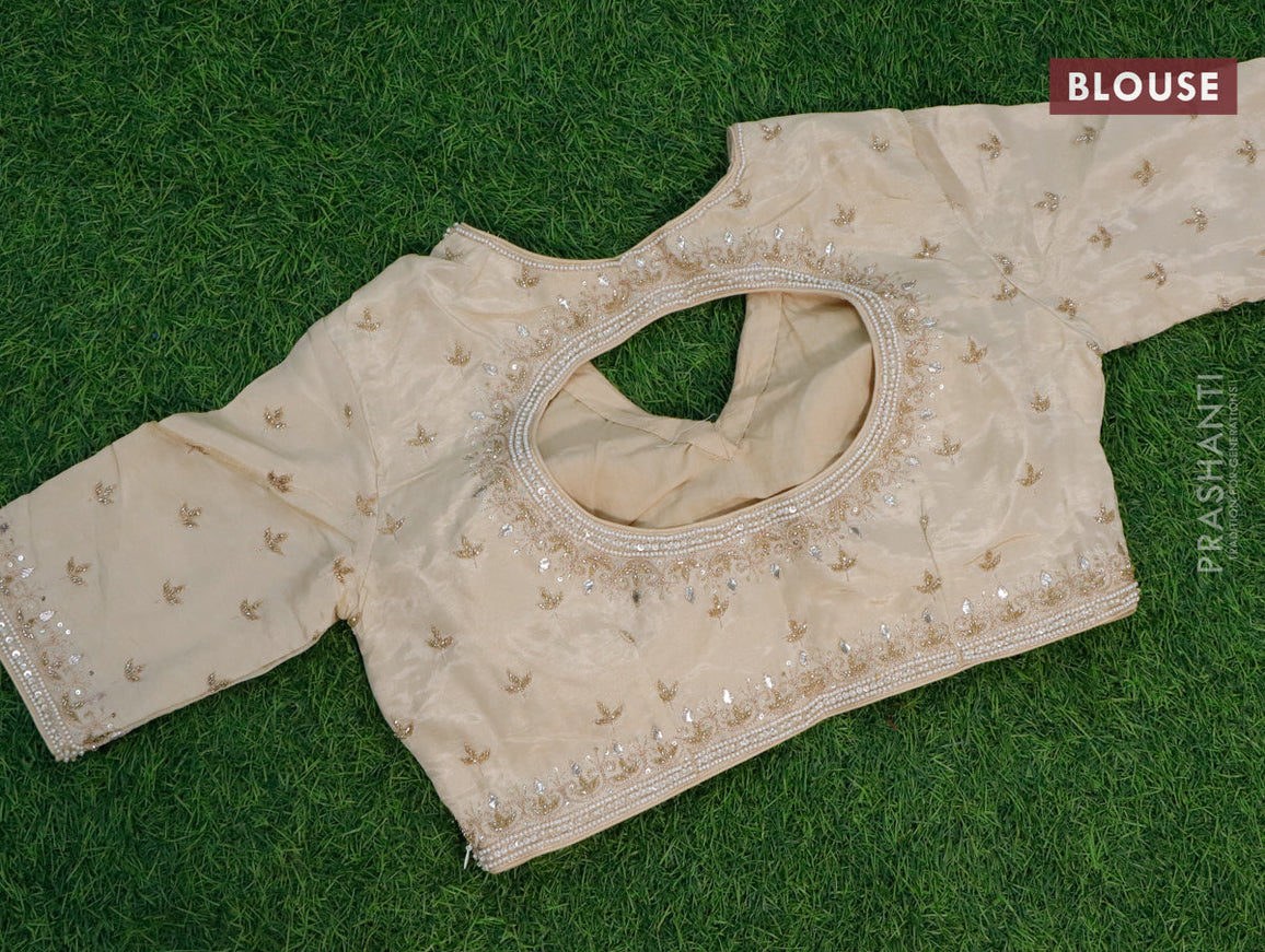 Satin silk saree cream with allover zari weaves & buttas and lace work border & embroidery work readymade blouse