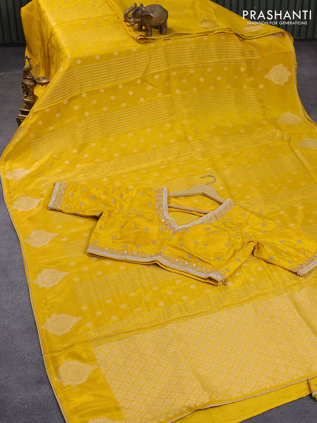 Satin silk saree yellow with allover zari weaves & buttas and lace work border & embroidery work readymade blouse