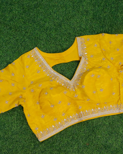 Satin silk saree yellow with allover zari weaves & buttas and lace work border & embroidery work readymade blouse
