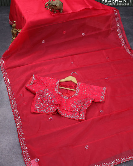 Organza silk saree red with embroidery mirror work buttas and embroidery work border & embroidery work readymade blouse
