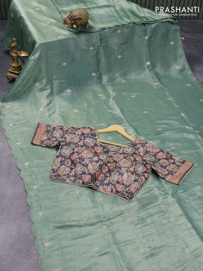 Satin silk saree green with embroidery work buttas and lace work border & embroidery work readymade blouse