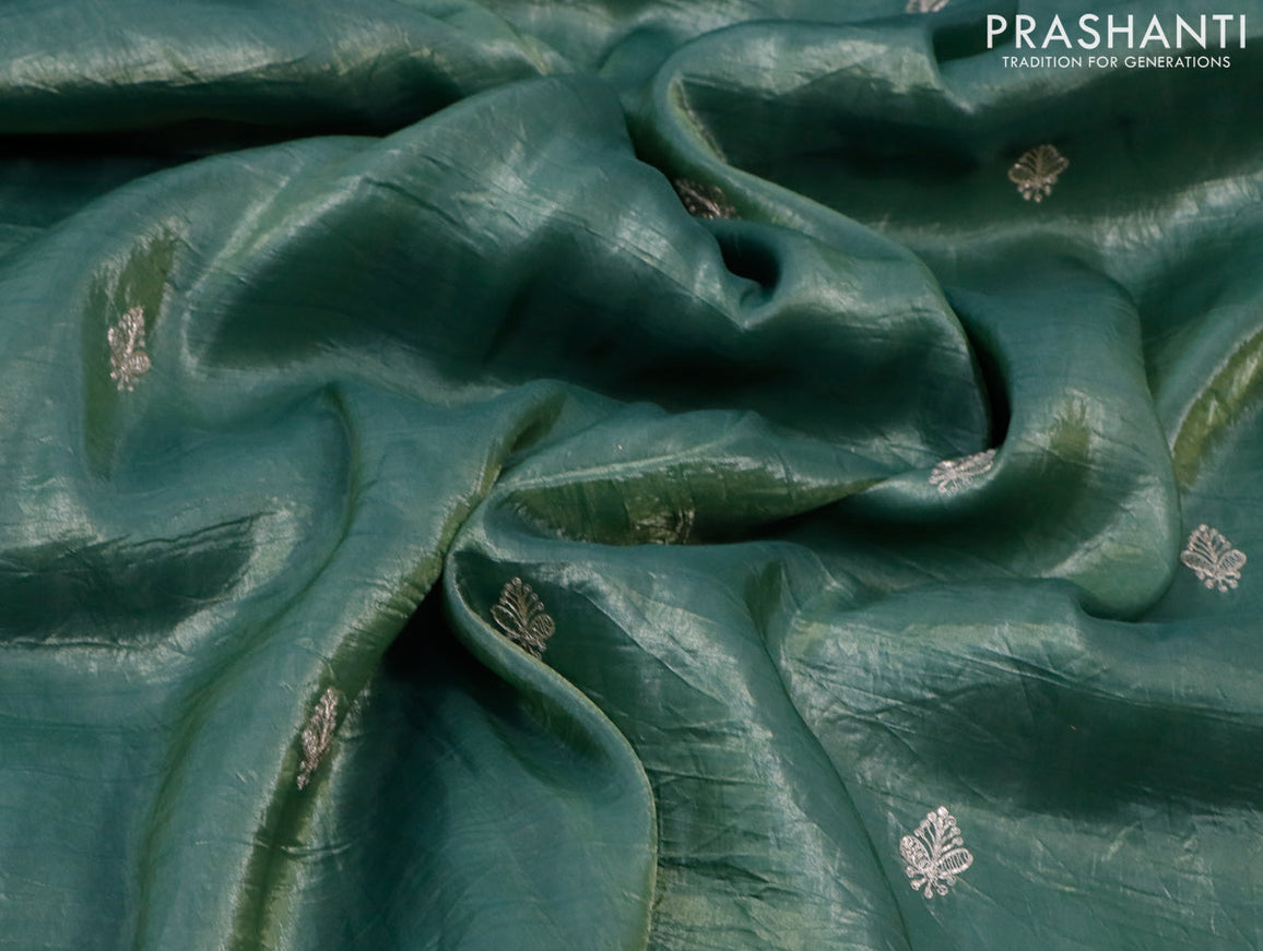 Satin silk saree green with embroidery work buttas and lace work border & embroidery work readymade blouse