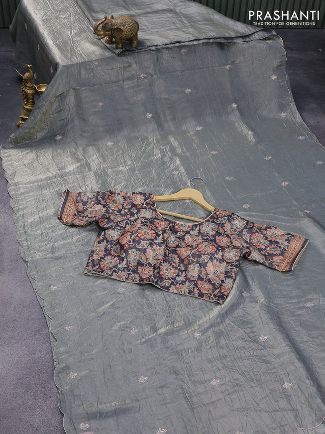 Satin silk saree grey with embroidery work buttas and lace work border & embroidery work readymade blouse