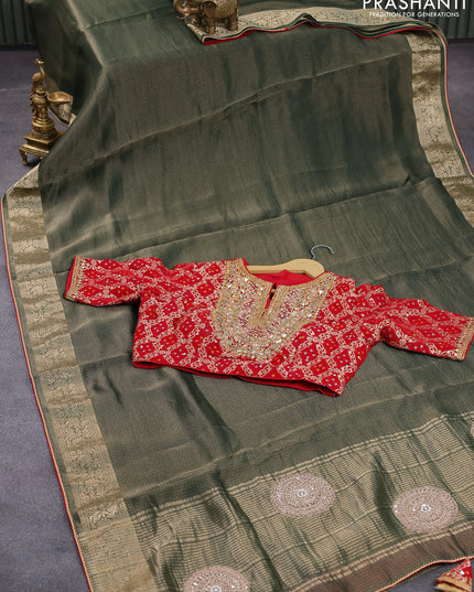 Tissue silk saree dark green and red with zari weaves & embroidery work and zari woven border & embroidery work readymade blouse