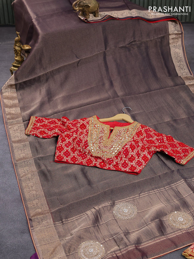 Tissue silk saree deep jamun shade and red with zari weaves & embroidery work and zari woven border & embroidery work readymade blouse