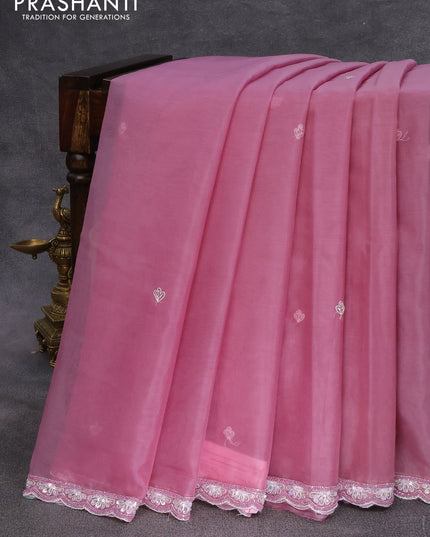 Organza silk saree pastel pink and mauve pink with sequin work buttas and zardosi work border & embroidery work readymade blouse
