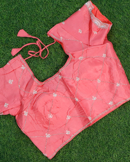 Organza silk saree peach orange shade and pink with sequin work buttas and zardosi work border & embroidery work readymade blouse