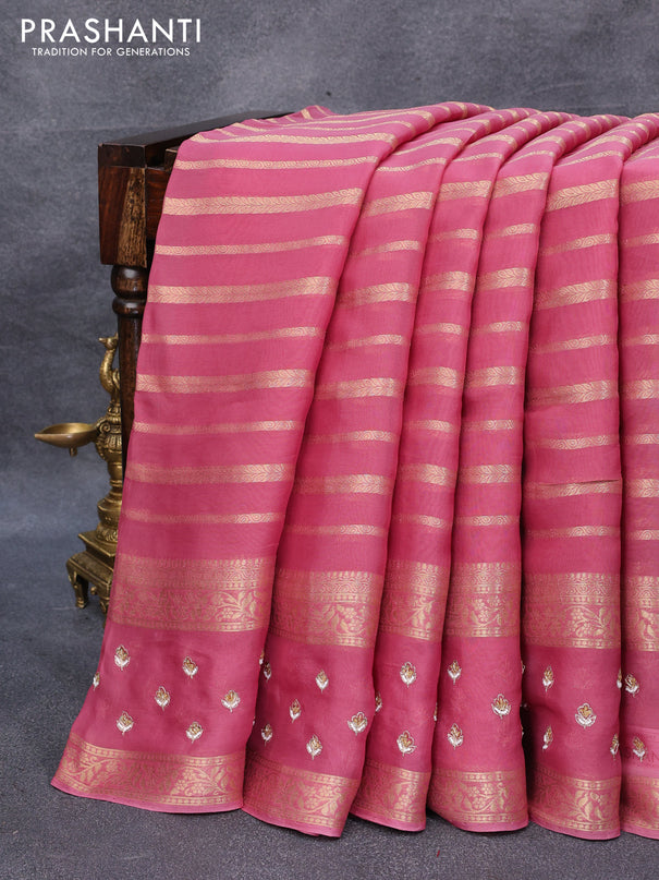 Organza silk saree mauve pink with allover zari stripes pattern and embroidery work butta border & embroidery work readymade blouse