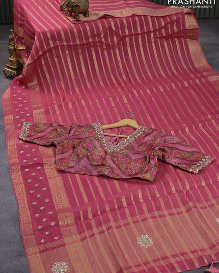 Organza silk saree mauve pink with allover zari stripes pattern and embroidery work butta border & embroidery work readymade blouse