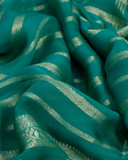 Organza silk saree teal green with allover zari stripes pattern and embroidery work butta border & embroidery work readymade blouse