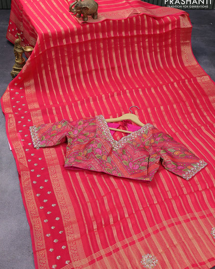 Organza silk saree pink with allover zari stripes pattern and embroidery work butta border & embroidery work readymade blouse