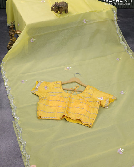 Organza silk saree yellow with sequin work buttas and zardosi work border & embroidery work readymade blouse