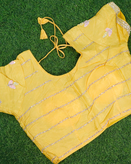 Organza silk saree yellow with sequin work buttas and zardosi work border & embroidery work readymade blouse