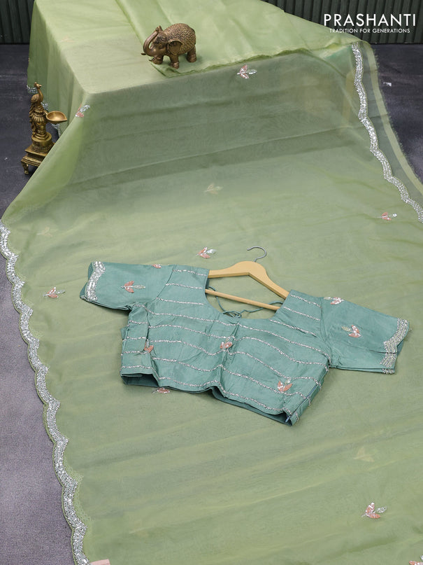 Organza silk saree pista green and pastel green with sequin work buttas and zardosi work border & embroidery work readymade blouse