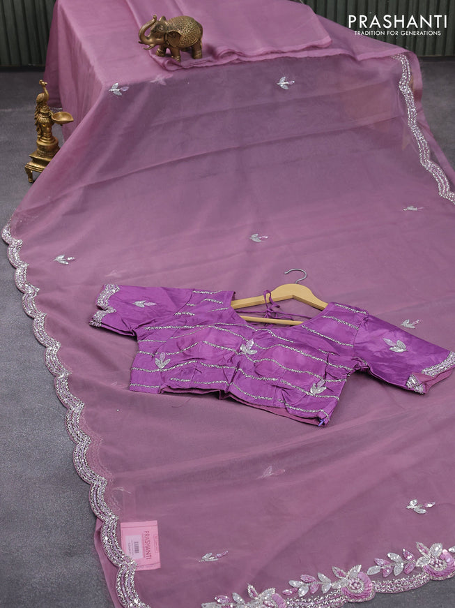 Organza silk saree pastel purple and purple with sequin work buttas and zardosi work border & embroidery work readymade blouse