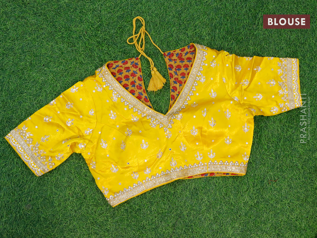 Georgette silk saree yellow with allover zari checked pattern and zari woven border & embroidery work readymade blouse