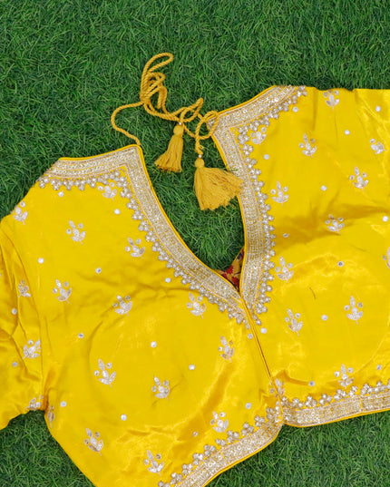Georgette silk saree yellow with allover zari checked pattern and zari woven border & embroidery work readymade blouse