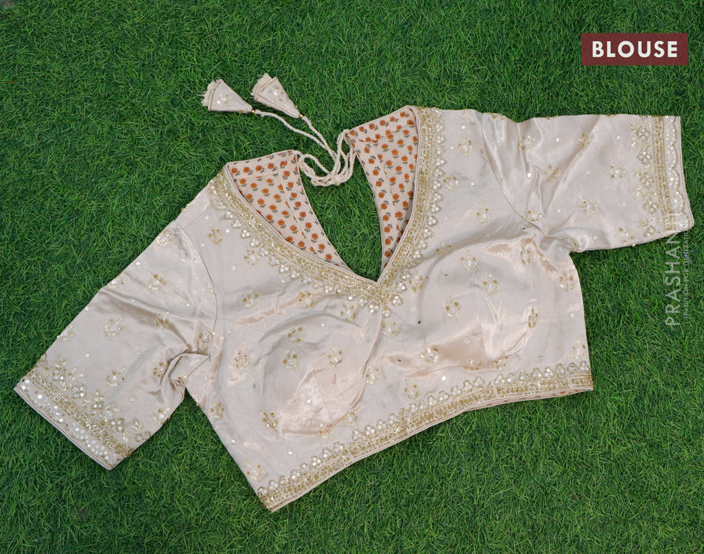 Georgette silk saree cream with allover zari checked pattern and zari woven border & embroidery work readymade blouse