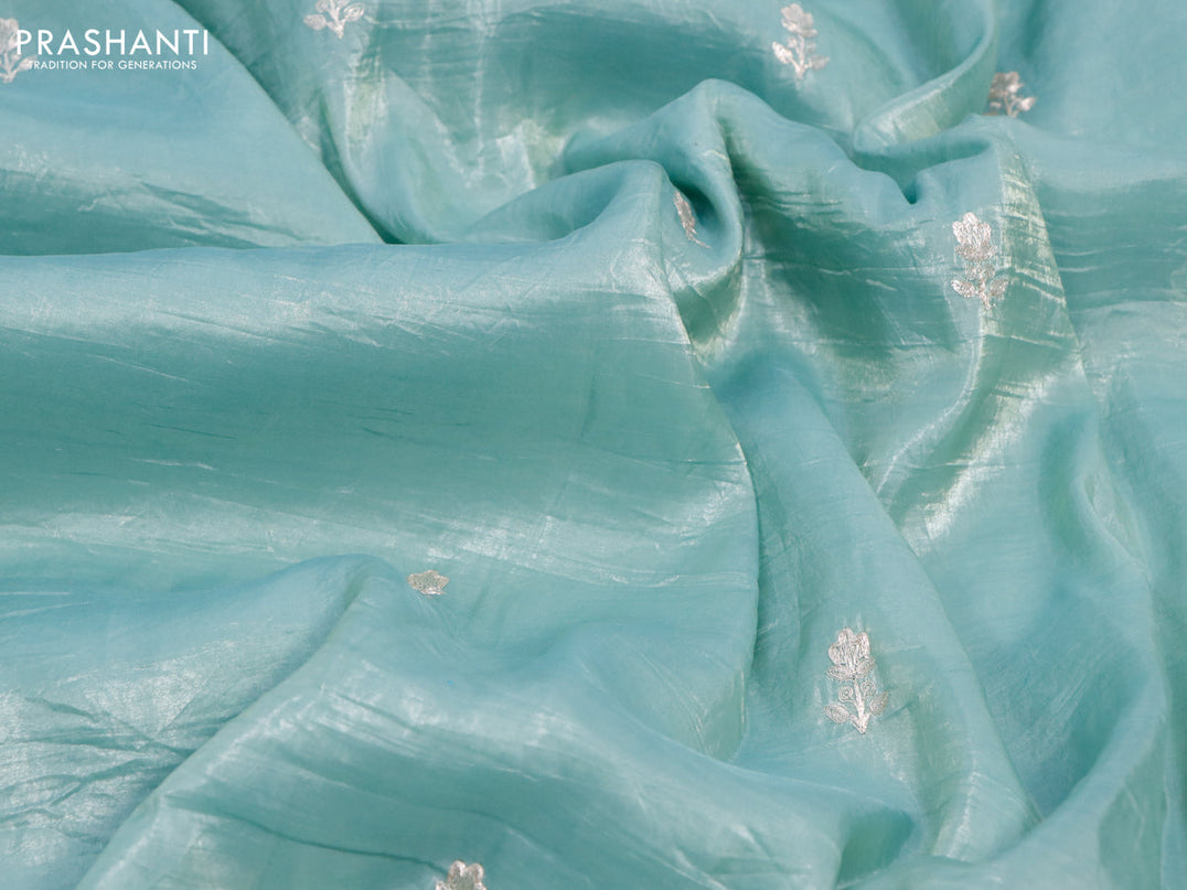 Satin silk saree pastel blue with embroidery work buttas and lace work border & embroidery work readymade blouse
