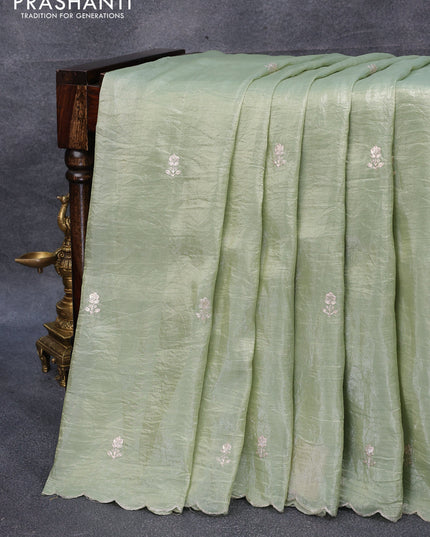 Satin silk saree pista green with embroidery work buttas and lace work border & embroidery work readymade blouse