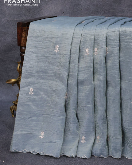 Satin silk saree grey shade with embroidery work buttas and lace work border & embroidery work readymade blouse