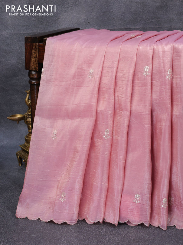 Satin silk saree pastel pink with embroidery work buttas and lace work border & embroidery work readymade blouse