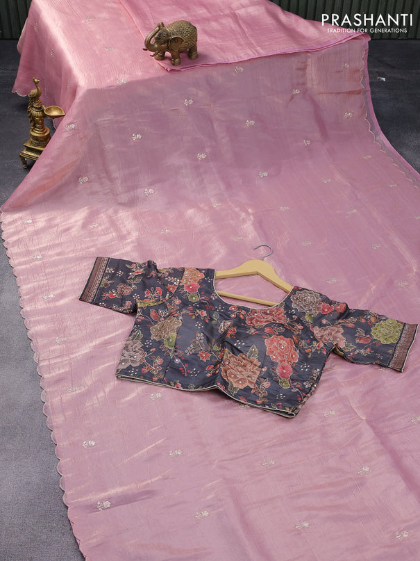 Satin silk saree pastel pink with embroidery work buttas and lace work border & embroidery work readymade blouse