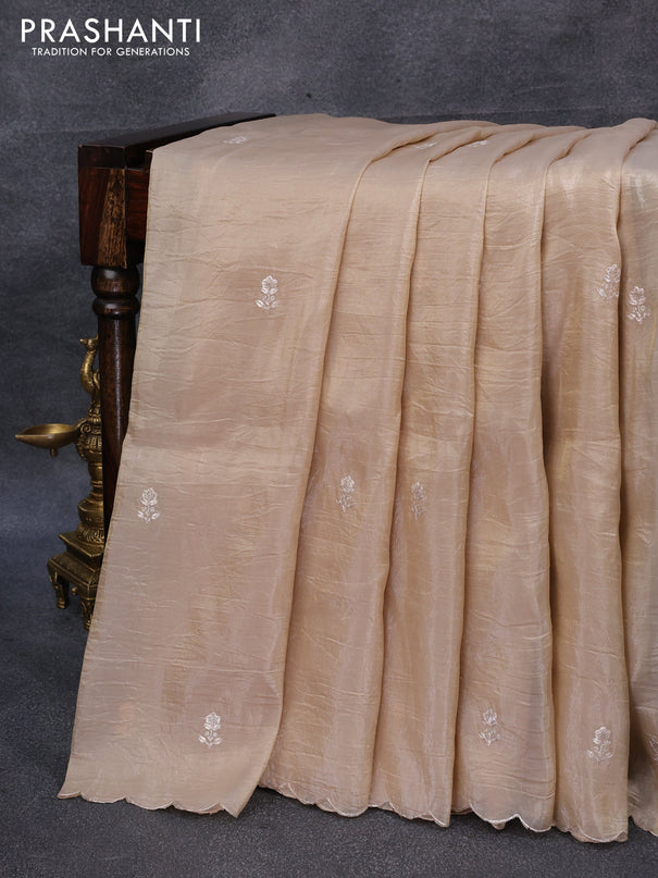 Satin silk saree cream with embroidery work buttas and lace work border & embroidery work readymade blouse