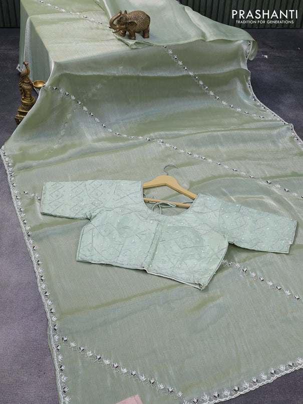 Satin silk saree pastel green with allover baeded work and embroidery work border & embroidery work readymade blouse