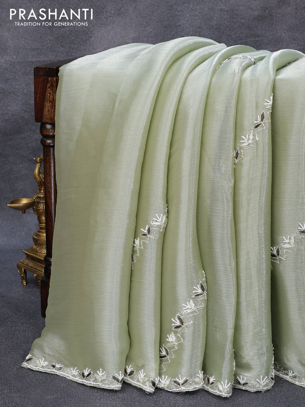 Satin silk saree pastel green with allover baeded work and embroidery work border & embroidery work readymade blouse