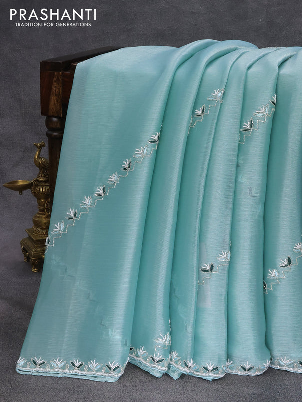 Satin silk saree teal blue with allover baeded work and embroidery work border & embroidery work readymade blouse