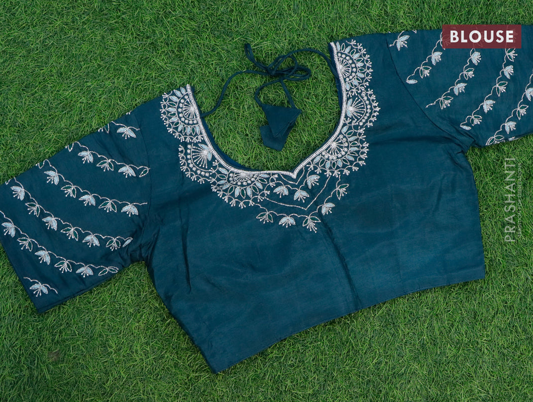 Satin silk saree teal blue with allover baeded work and embroidery work border & embroidery work readymade blouse