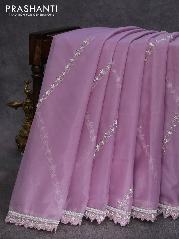 Organza silk saree pastel lavender with allover beaded work and zardosi work border & embroidery work readymade blouse