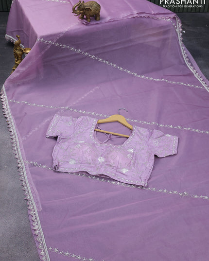 Organza silk saree pastel lavender with allover beaded work and zardosi work border & embroidery work readymade blouse