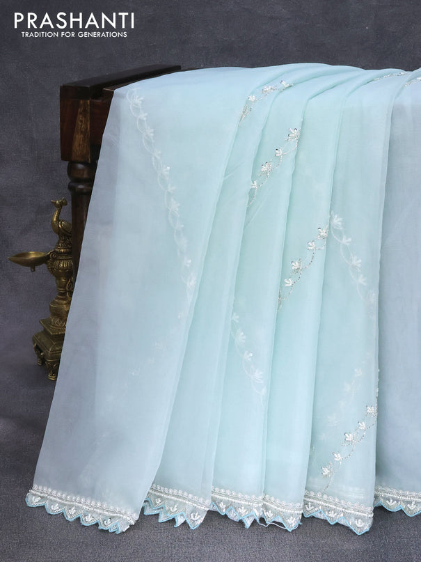 Organza silk saree pastel blue with allover beaded work and zardosi work border & embroidery work readymade blouse