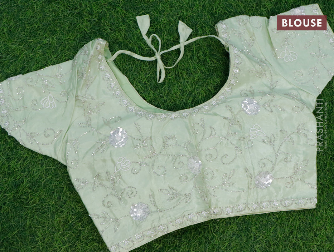 Organza silk saree pista green with allover beaded work and zardosi work border & embroidery work readymade blouse