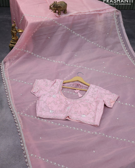 Organza silk saree pastel pink with allover beaded work and zardosi work border & embroidery work readymade blouse