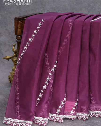 Organza silk saree deep purple with allover beaded work and zardosi work border & embroidery work readymade blouse