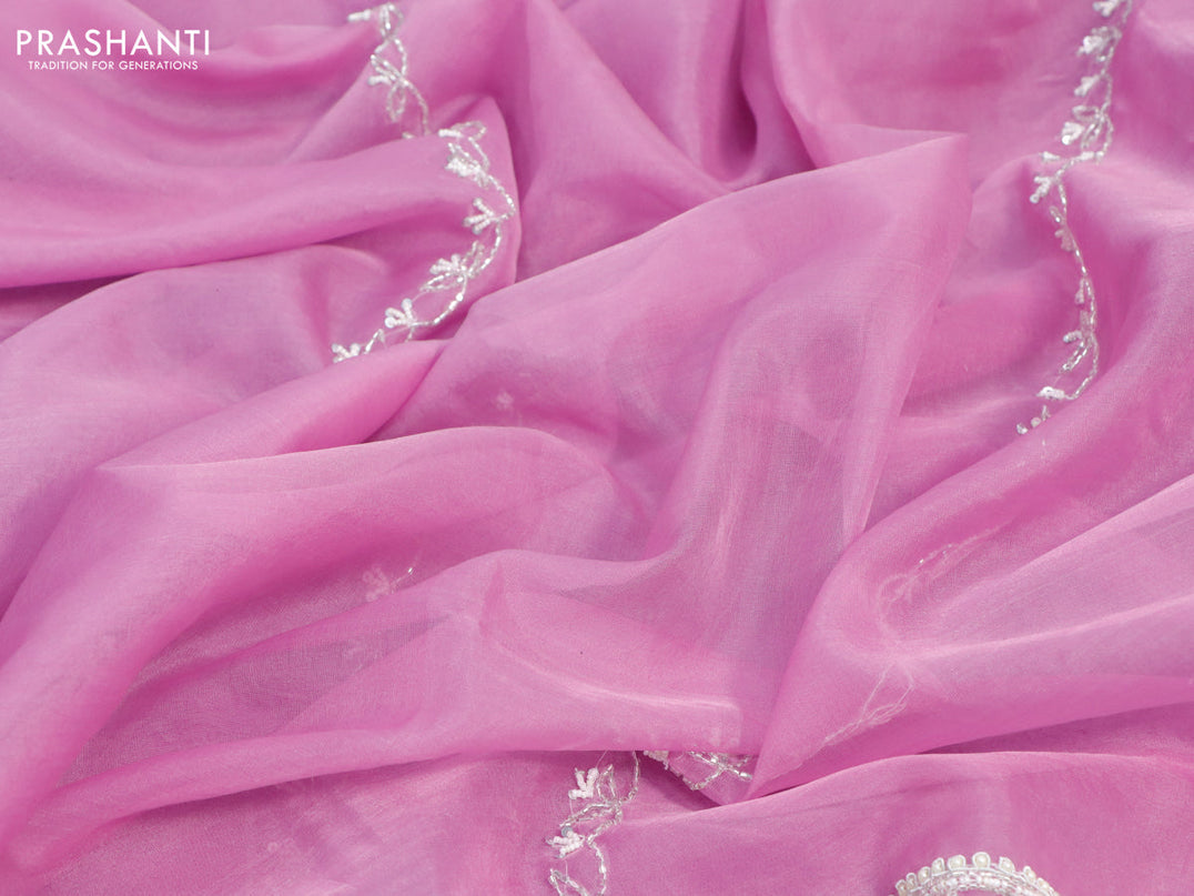Organza silk saree light pink with allover beaded work and zardosi work border & embroidery work readymade blouse