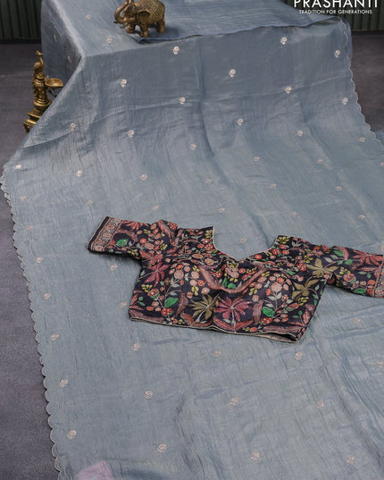 Satin silk saree pastel grey with embroidery work buttas and lace work border & embroidery work readymade blouse