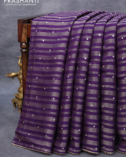Organza silk saree violet with allover zari woven stripes pattern & mirror work and gottapatti lace work border & embroidery work readymade blouse