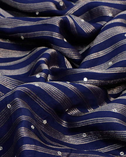 Organza silk saree dark blue with allover zari woven stripes pattern & mirror work and gottapatti lace work border & embroidery work readymade blouse