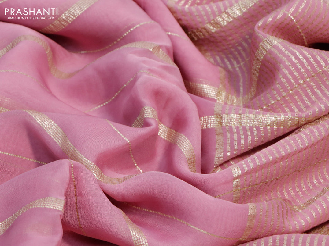 Organza silk saree pastel pink with allover zari woven stripes pattern and zari woven border & embroidery work readymade blouse