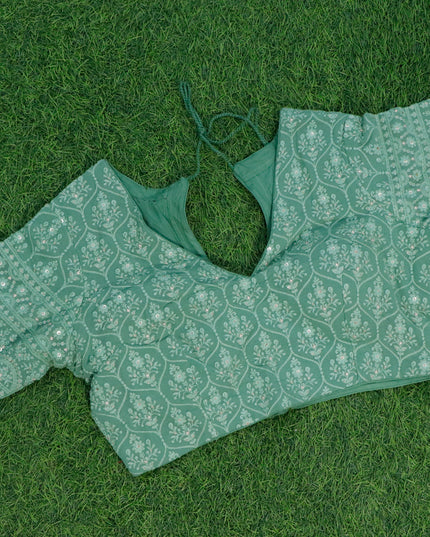 Organza silk saree pastel green with allover zari woven stripes pattern and zari woven border & embroidery work readymade blouse