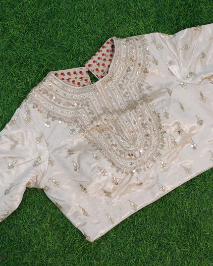 Tussar silk saree cream with allover zari woven geometric weaves and lace work border & embroidery work readymade blouse