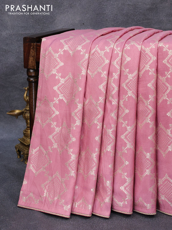 Tussar silk saree pastel pink with allover zari woven geometric weaves and lace work border & embroidery work readymade blouse