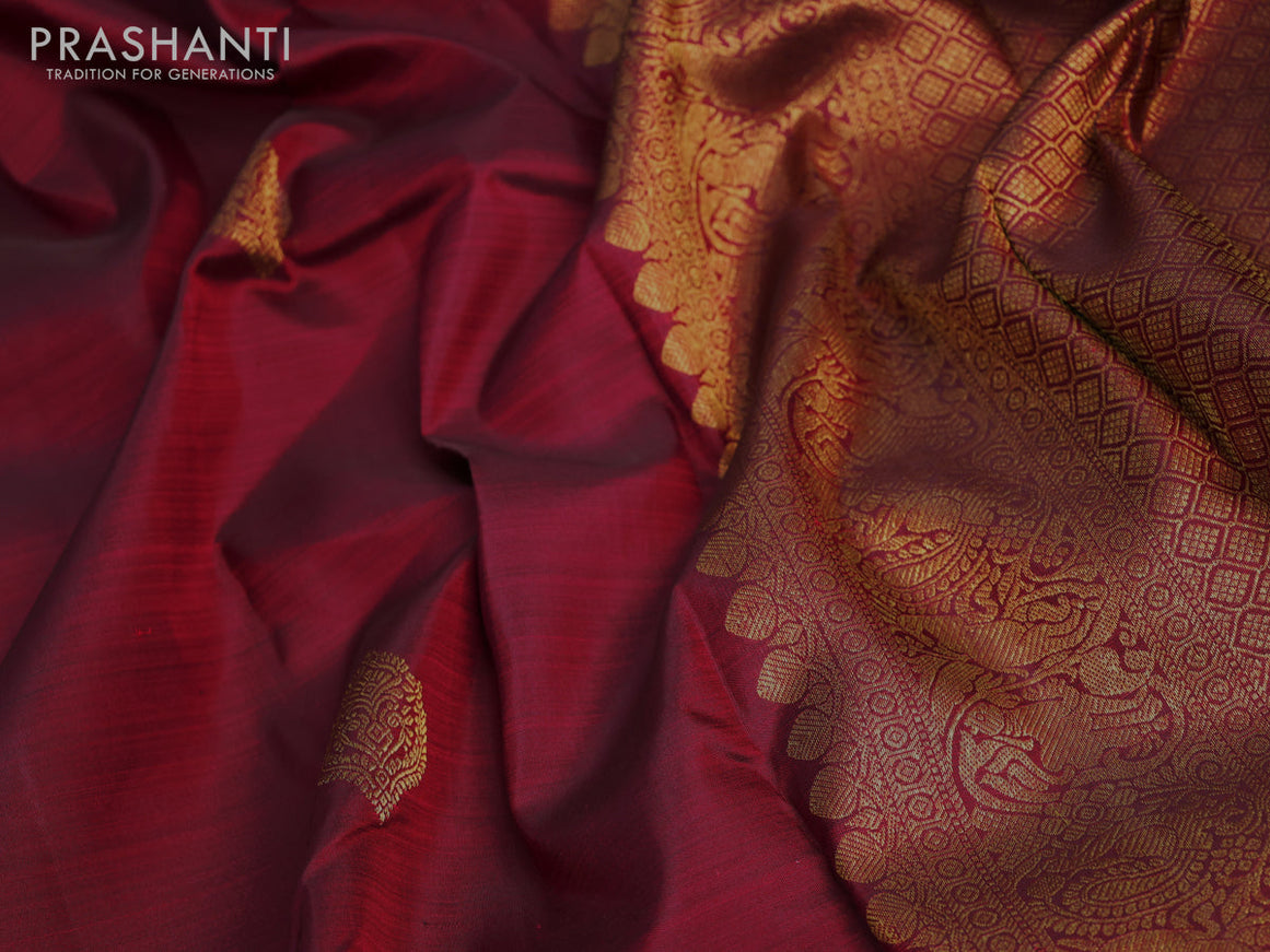 Pure kanjivaram silk saree maroon with zari woven buttas and rich zari woven border & butta style