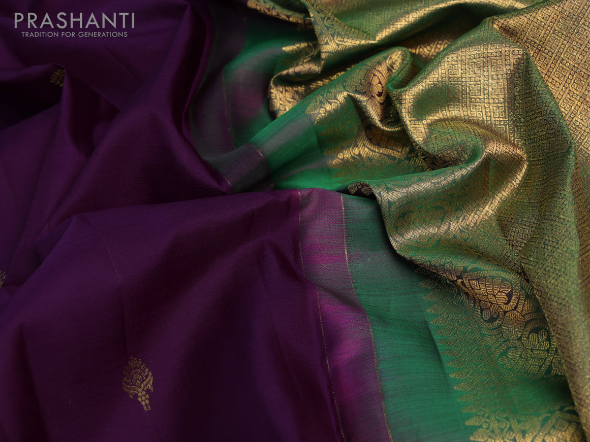 Pure kanjivaram silk saree purple and green with zari woven buttas and zari woven border & butta style