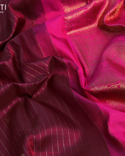 Pure kanjivaram silk saree dark magenta shade and pink with allover zari stripe & buttas and zari woven border & butta style