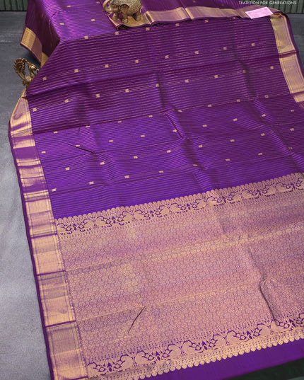 Pure kanjivaram silk saree purple and green with allover zari stripe & buttas and zari woven border & butta style